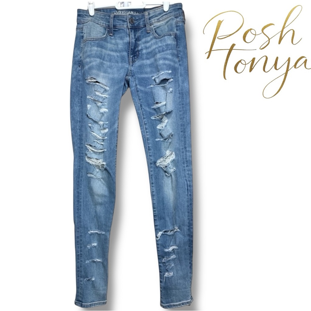 American Eagle Super Stretch Thrashed Jegging Skinny Distressed Jeans Size 4L